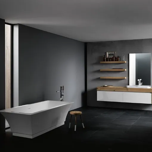 Mobile da Bagno sospeso con piano in legno di rovere e frontali in laccato bianco lucido INK NK13 Compab