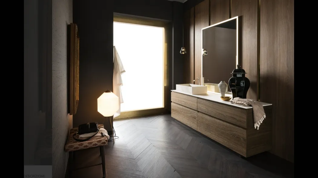 Mobile Bagno da appoggio in legno di rovere con piano e lavabo in gres effetto marmo Calacatta INK PRESTIGE NK24 di Compab