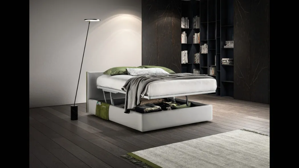 Letto in tessuto imbottito con testiera e box contenitore Good Rim di Bside