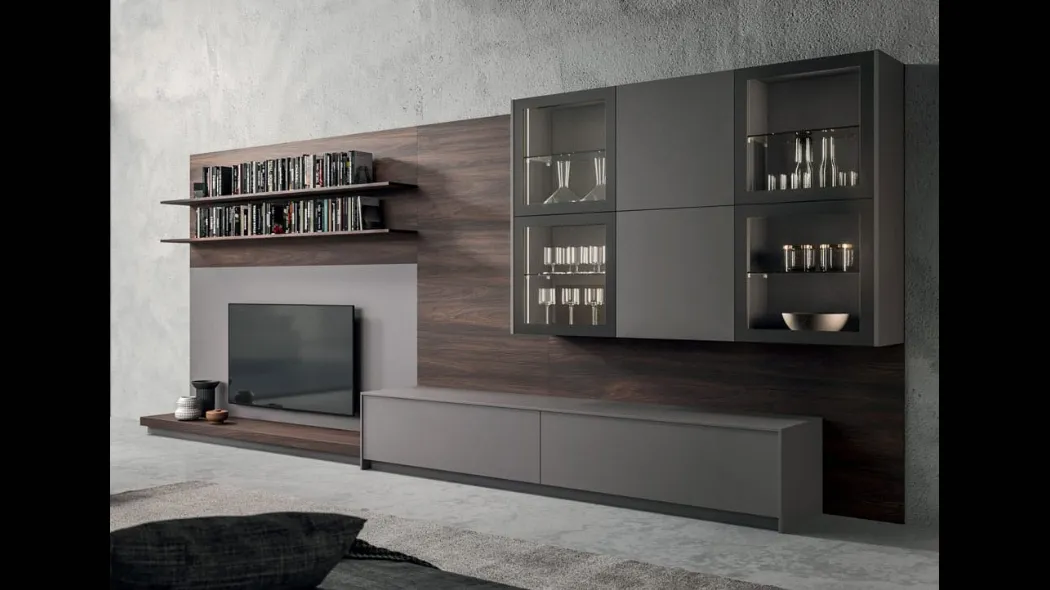 Parete Attrezzata Living T05 in Fenix Grigio Londra e melaminico Noce dark di Gentili Cucine