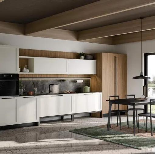 Cucina Moderna lineare Clio Composizione 05 in Pet bianco e laminato rovere di Prima Cucine