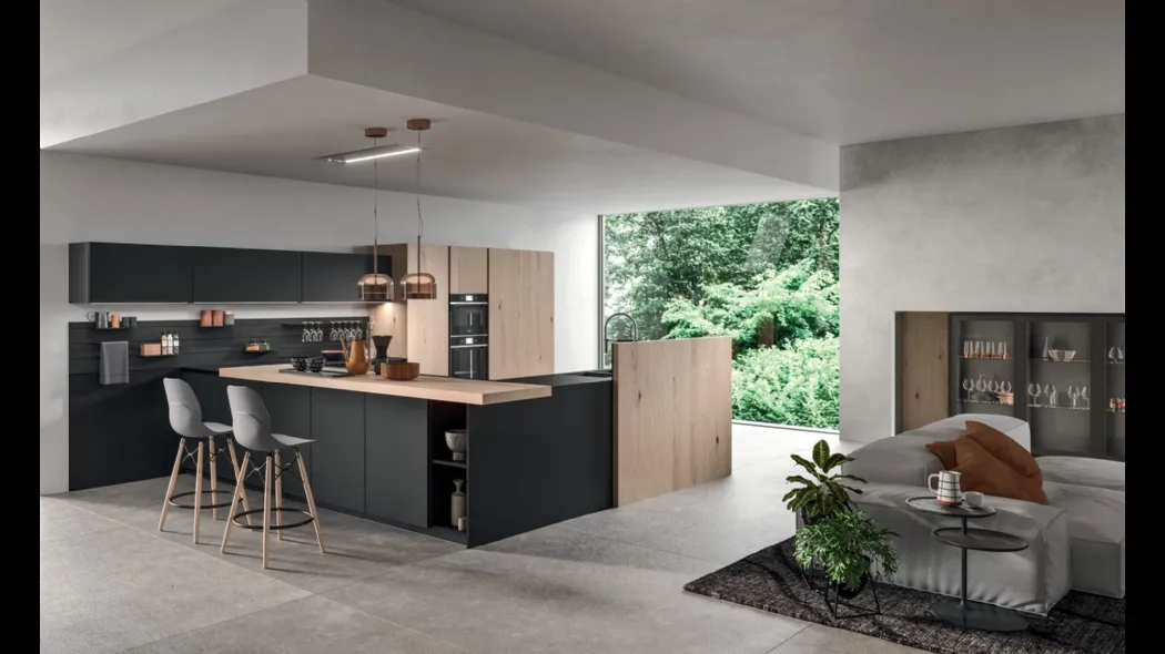 Cucina Moderna con penisola Time 04 in vetro Nero opaco e impiallacciato Rovere nordico nodato di Gentili Cucine