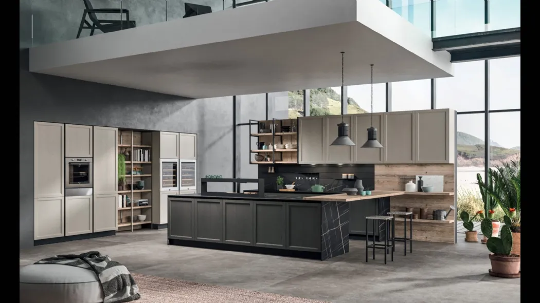 Cucina Moderna Time 10 in Rovere laccato Grigio Perla, Rovere tinto Grafite e legno antico Old Abete saponato di Gentili Cucine