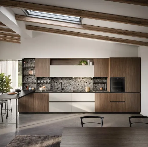 Cucina Moderna lineare con penisola Zoe Composizione 06 in melaminico noce e HPL canapa di Prima Cucine